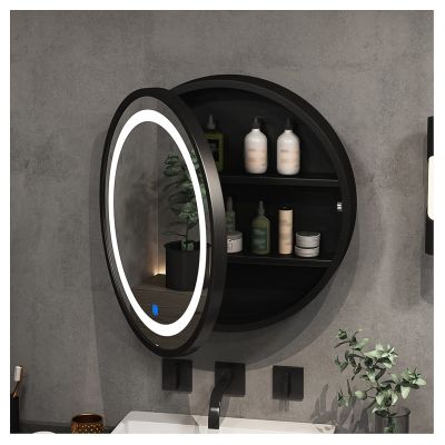 Round Bathroom Mirror Cabinet, Led Medicine Cabinet Wall Mounted, Recessed Mirror Cabinet with Light, with Storage Shelf (Color : Black, Size : 60cm)