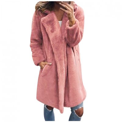HINDOLA Women's Long Jacket Winter Faux Fur Coats Warm Fleece Lapel Open Front Coat Outwear Jackets with Pockets