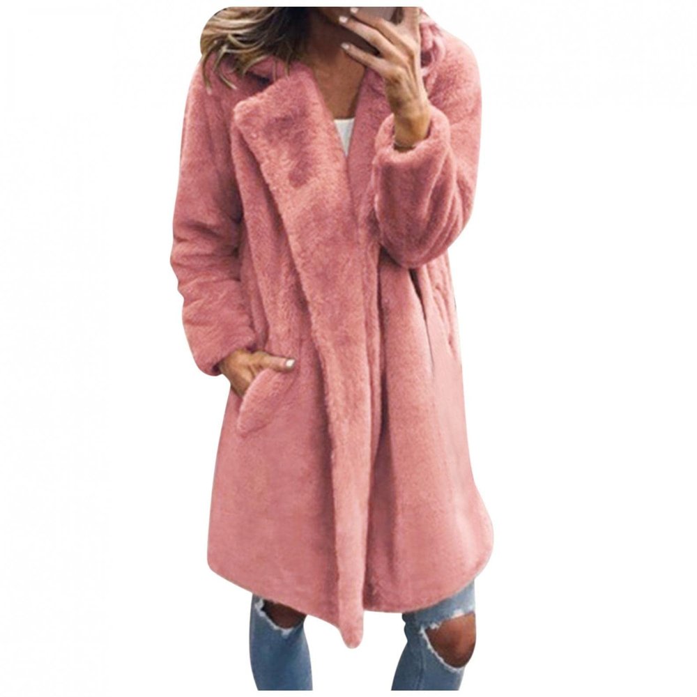 HINDOLA Women's Long Jacket Winter Faux Fur Coats Warm Fleece Lapel Open Front Coat Outwear Jackets with Pockets