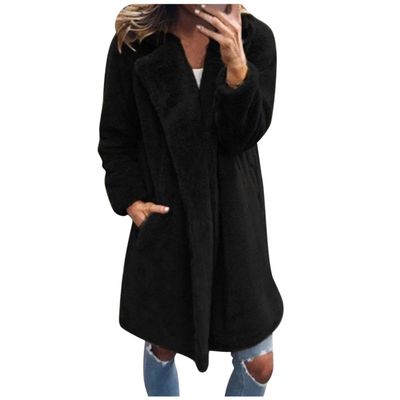 HINDOLA Women's Long Jacket Winter Faux Fur Coats Warm Fleece Lapel Open Front Coat Outwear Jackets with Pockets