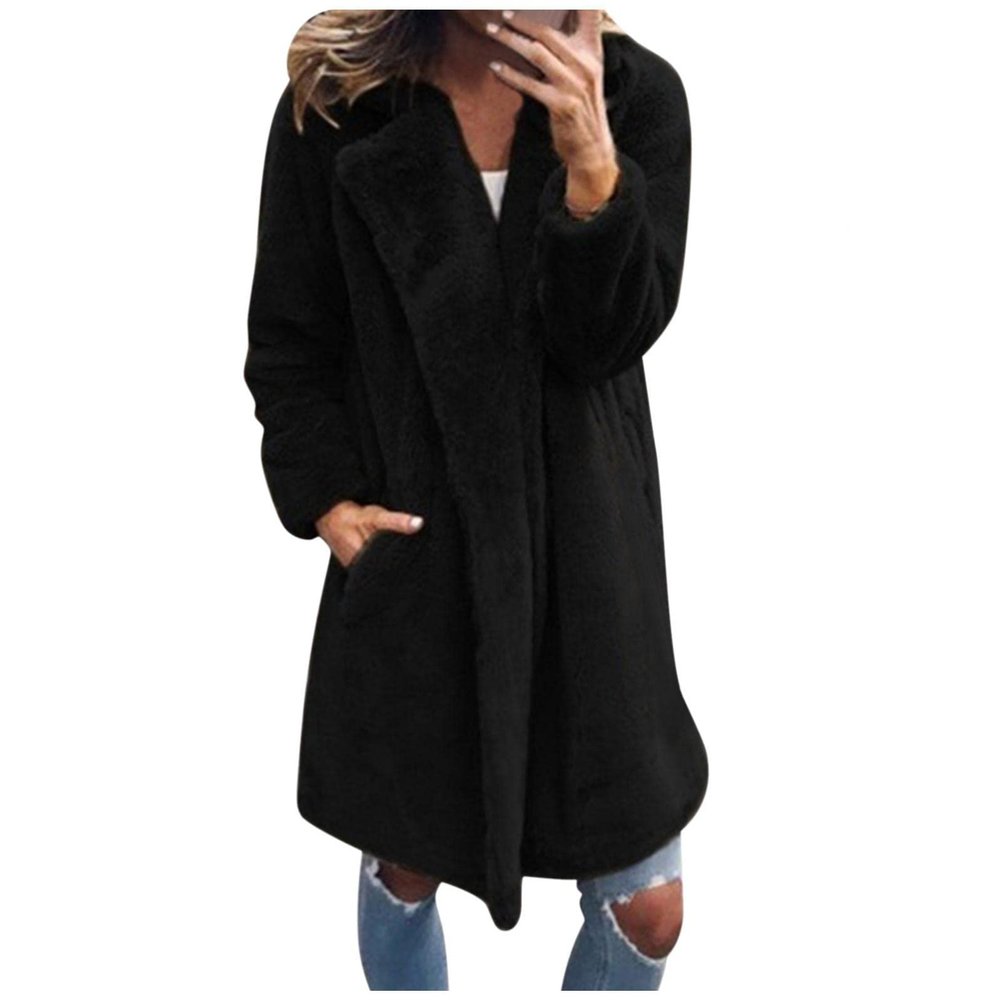 HINDOLA Women's Long Jacket Winter Faux Fur Coats Warm Fleece Lapel Open Front Coat Outwear Jackets with Pockets