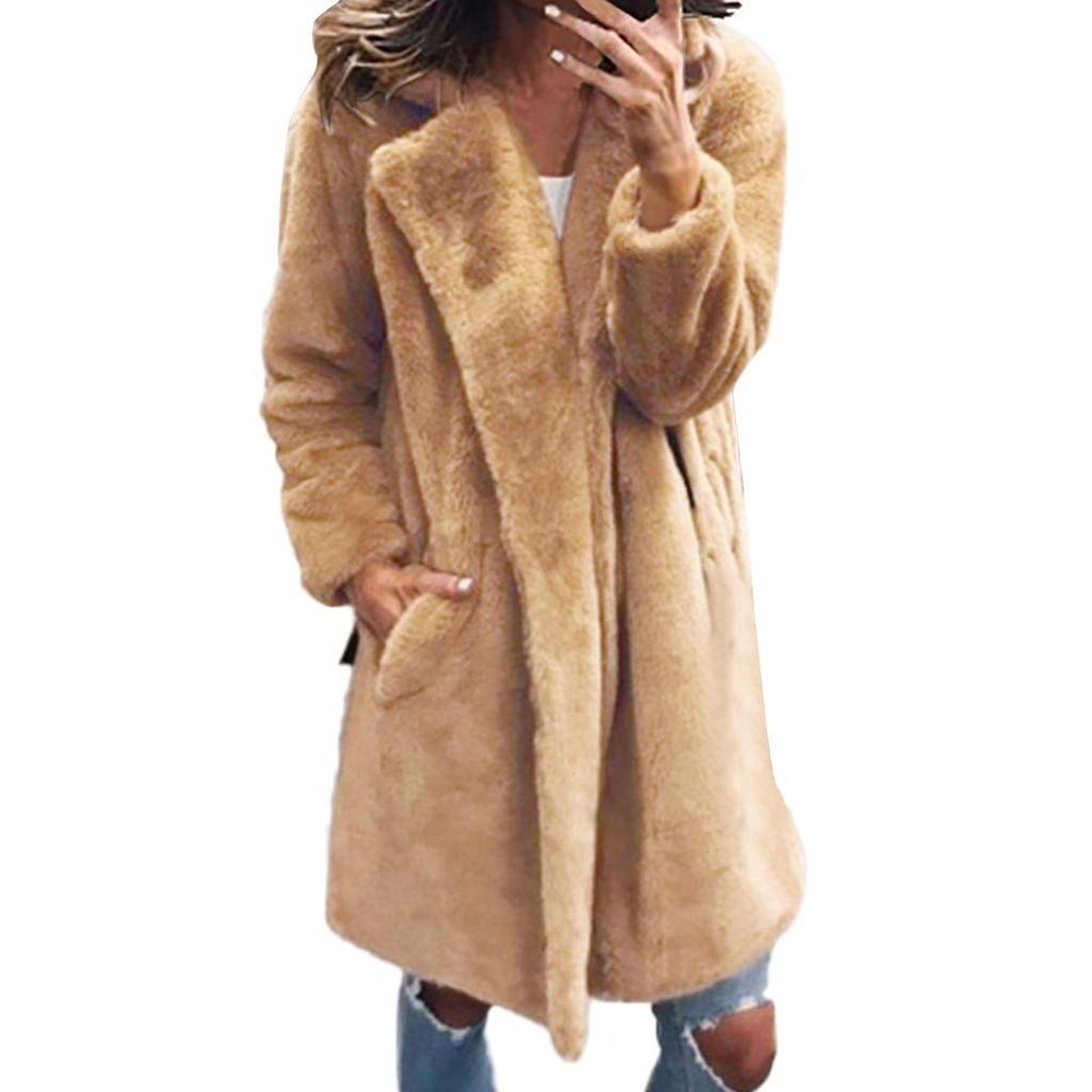 HINDOLA Women's Long Jacket Winter Faux Fur Coats Warm Fleece Lapel Open Front Coat Outwear Jackets with Pockets