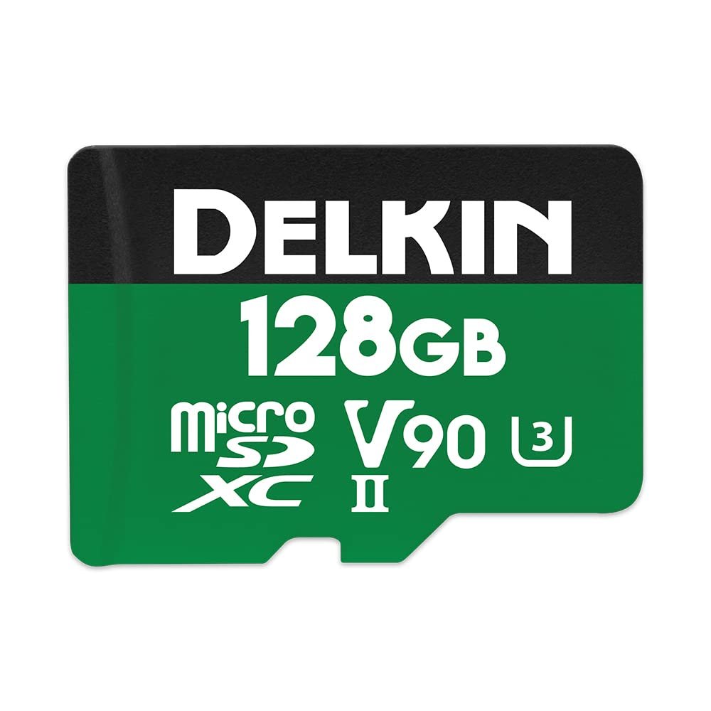 Delkin Devices 128GB Power Micro SD Card UHS-II (U3/V90) - 300MB/s Read, 250MB/s Write, 8K, 4K, 3D, HDR, 360 Recording | Micro SD Card 128GB with SD Adapter