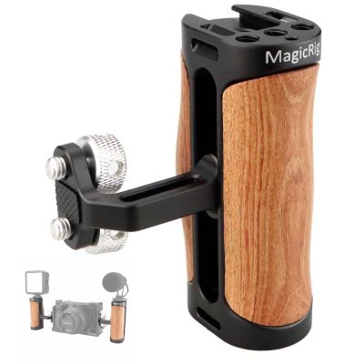 MAGICRIG Side Handle Wooden Handgrip with Two 1/4"-20 Screws for DSLR Camera Vlog Camera Cage, Portable Mini Handle for Left/Right Hand with Cold Shoe 1/4" 3/8" ARRI Thread