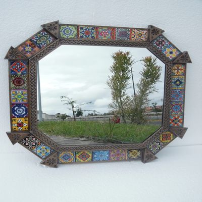 21" PUNCHED TIN MIRROR octagonal mixed talavera tiles mexican folk art