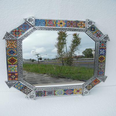 21" PUNCHED TIN MIRROR octagonal mixed talavera tiles mexican folk art