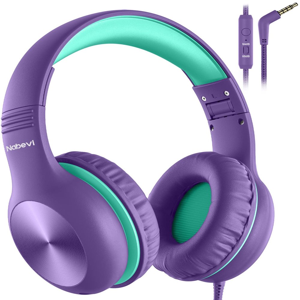 Nabevi Headphones for Kids for School, Kids Headphones with Microphone, Sharing Function, 85dB/94dB Safe Volume Limit, HD Sound, Over Ear Kid Headphone for School, On-line Study, Travel, Purple