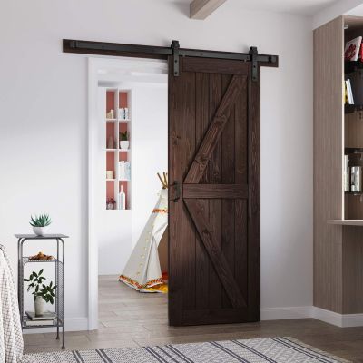 FREDBECK 30in x 84in Brown Barn Door with 5ft (60inch) Barn Door Hardware Track Kit and Handle Included, Double Surfaces,Simple Assembly is Required,K-Frame,Coffee
