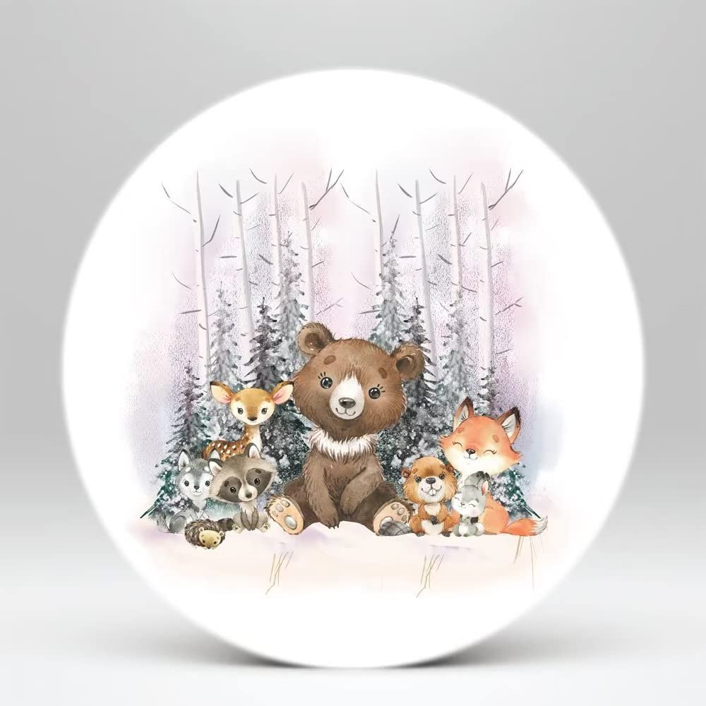 FiVan Baby Shower Backdrop 7.5x7.5ft Forest Animals Woodland Animals, First Birthday Round Background Elastic Cotton Polyester No Crease Washable Thickened Fabric