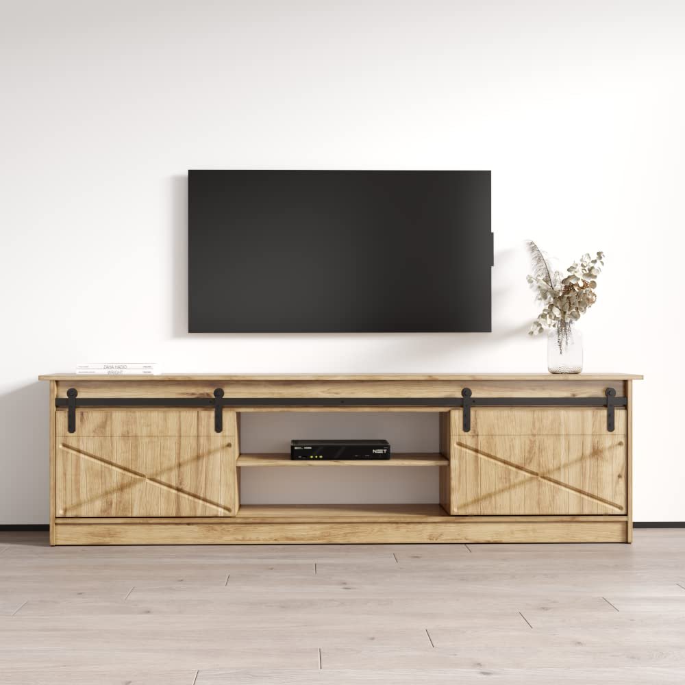 Meble Furniture Granero 01 Modern TV Stand - Stylish Rectangular High-Gloss TV Stand with Storage Space - Media Entertainment Center Console Table for TV Up to 90" - Oak