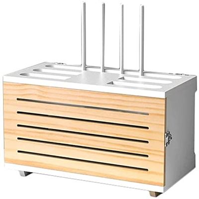 BerlinVV Wireless Router Storage Box Wall-Mounted, Solid Wood, 3 Shelves, White, Power Cord, Finishing Box, Tech Gadgets & Accessories