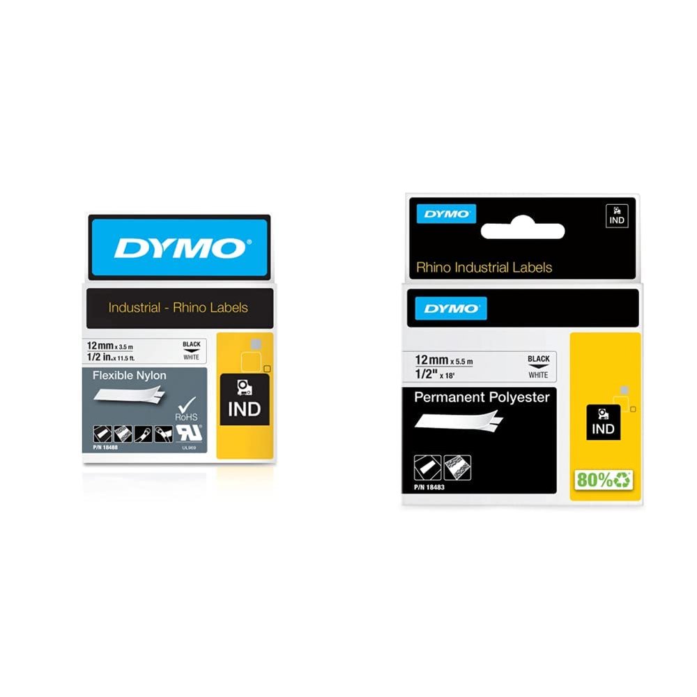 DYMO Industrial Labels for DYMO LabelWriter and Industrial Label Makers, Black on White, 1/2" & Industrial Permanent Labels for LabelWriter and Industrial Label Makers, Black on White