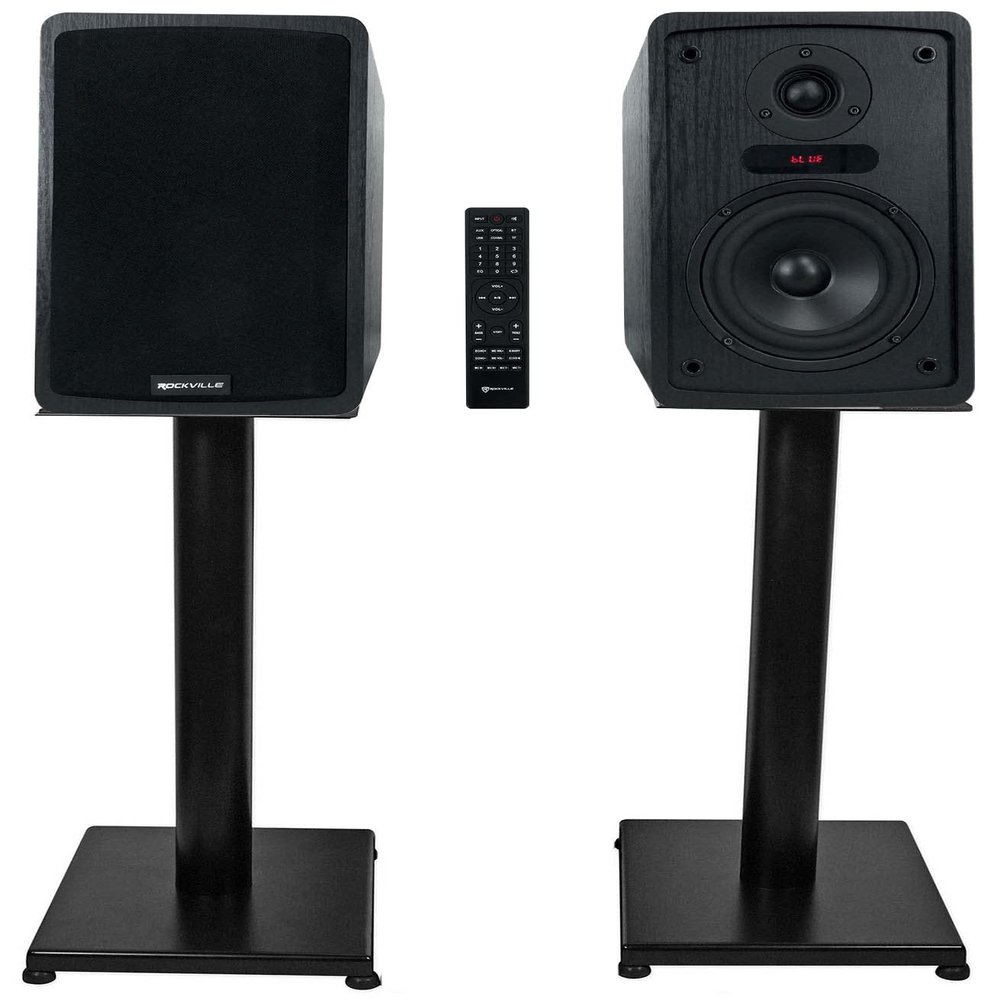 Rockville ELITE-5B Bundle: 5.25" Powered Bookshelf Speakers 200W RMS / 800W Peak, Bluetooth, RS21B 21 in Steel Speaker Stands, Remote & Power Cable Included, 2-Items