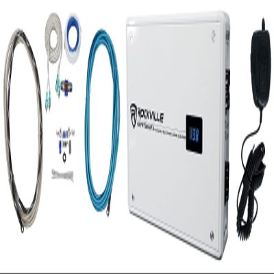 Rockville Krypton MF3 Bundle: 1600-Watt Peak 4-Channel White Marine Amplifier, RMWK4 4 AWG Gauge Waterproof Amp Install Wire Kit, 2-Items