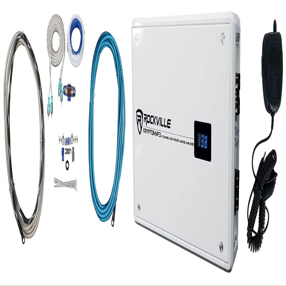 Rockville Krypton MF3 Bundle: 1600-Watt Peak 4-Channel White Marine Amplifier, RMWK4 4 AWG Gauge Waterproof Amp Install Wire Kit, 2-Items