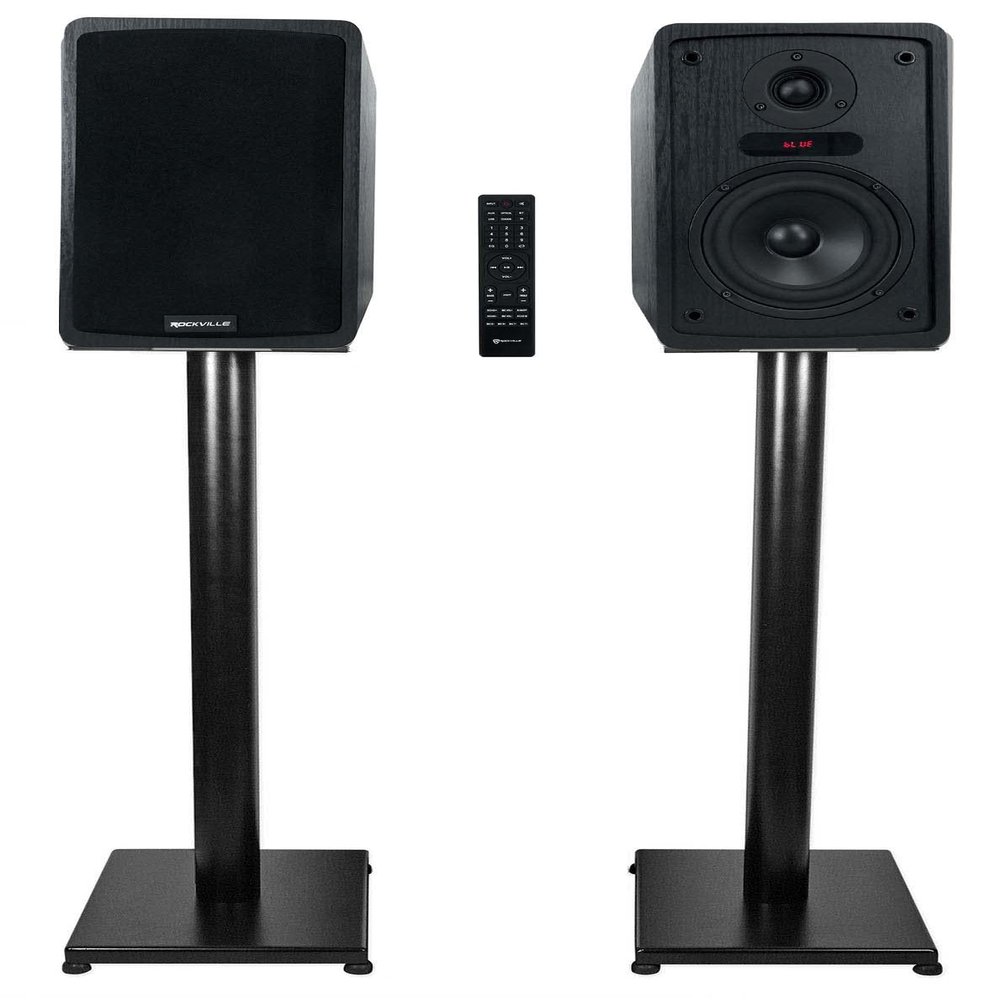 Rockville ELITE-5B Bundle: 5.25 in Powered Bookshelf Speakers with Bluetooth and Optical Input, 400-Watt RMS 800-Watt Peak, RS29B 29 in Steel Speaker Stands, 2 Items