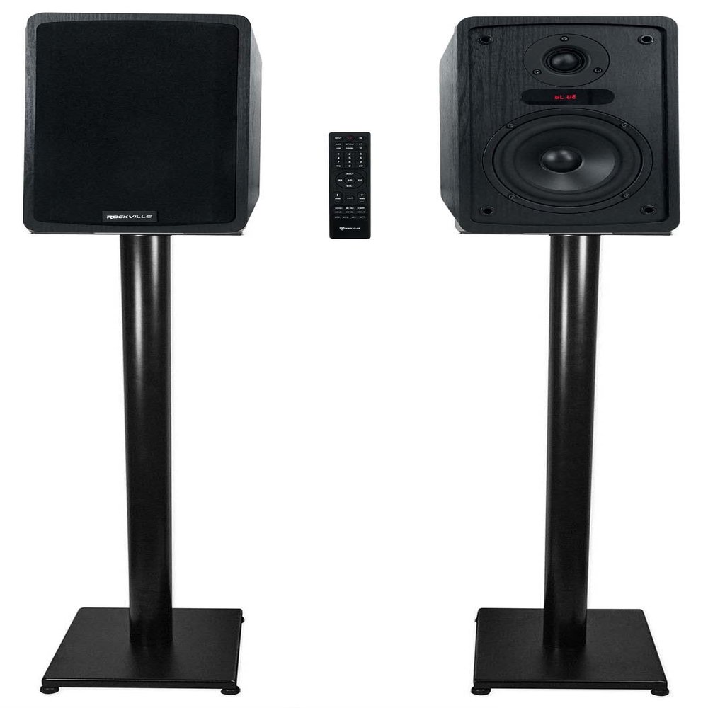 Rockville ELITE-5B Bundle: 5.25 in Powered Bookshelf Speakers with Bluetooth, 200-Watt RMS 800-Watt Peak, RS37B 37 in Steel Bookshelf Speaker Studio Monitor Stands, 2 Items
