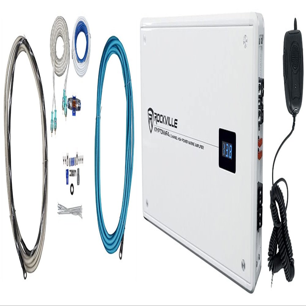 Rockville Krypton MF4 Bundle: 2400W Peak 4-Channel White Marine Class-AB Amplifier, RMWK4 4 AWG Waterproof Marine Amp Install Wire Kit, for Boat Audio Systems, 2-Items