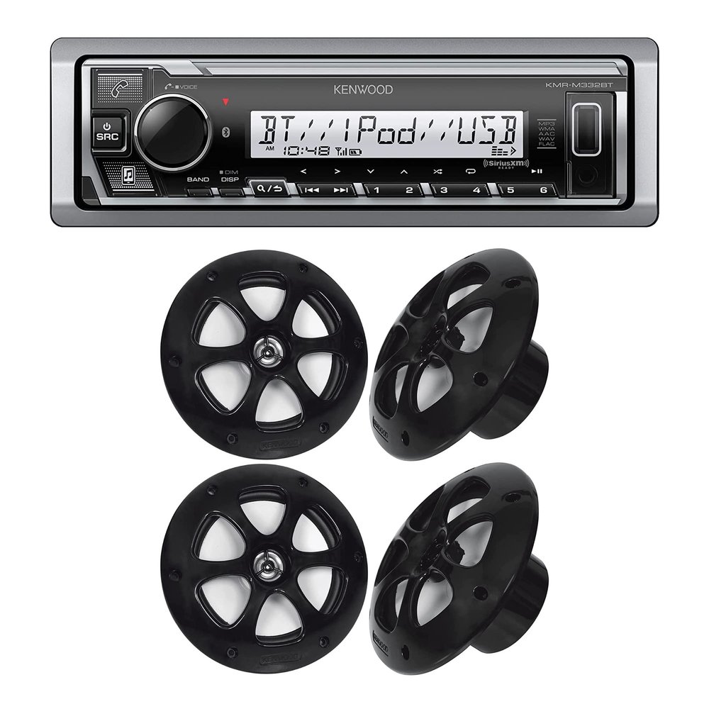 Kenwood KMR-M332BT Car & Marine Stereo | Plus 2X KFC-1613MRB/W 6.5 Inch 2 Way Coaxial Waterproof Marine Motorsports Boat Speakers, Pair, 4 Ohm, 100 Peak Watts (Black)
