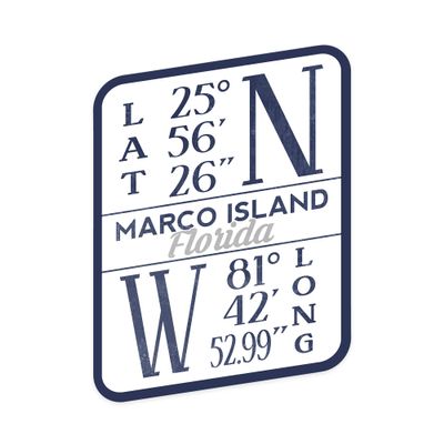 Lantern Press Sticker Marco Island, Florida, Latitude and Longitude, Lantern Press Artwork Die Cut Vinyl, (Waterproof Decal for Cars, Water Bottles, Laptops, Coolers), Small