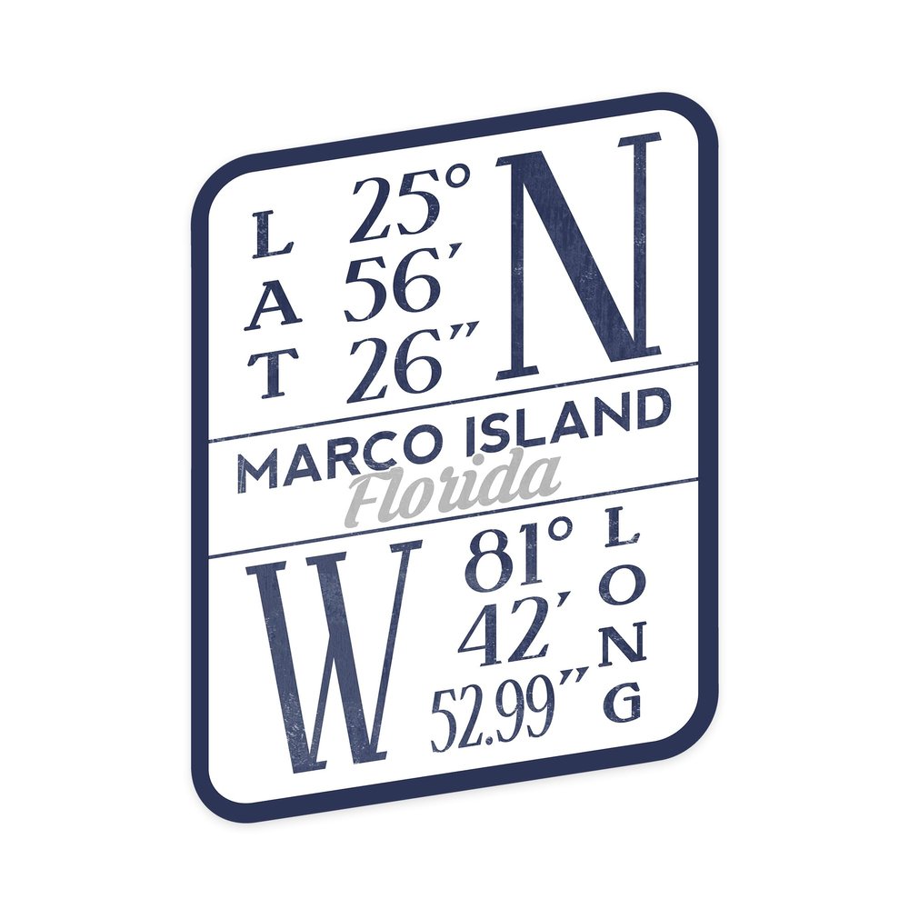 Lantern Press Sticker Marco Island, Florida, Latitude and Longitude, Lantern Press Artwork Die Cut Vinyl, (Waterproof Decal for Cars, Water Bottles, Laptops, Coolers), Small