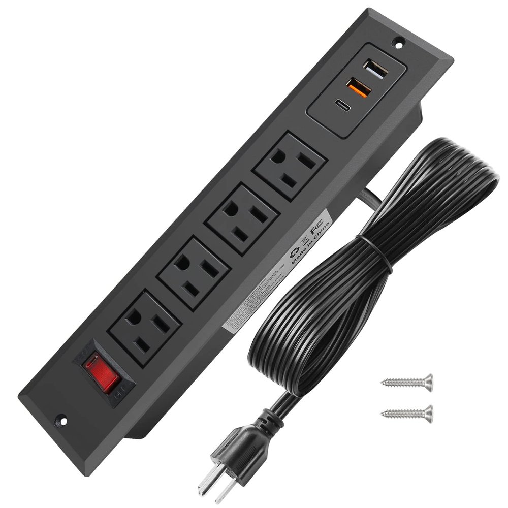 20W Mountable Power Strip USB C Recessed Power Strip USB-C Fast Charge 4 Outlet 3 USB Multiple Protection Built in Conference Desk Counter Workbench for PC Home Electric Appliance (USB C Black)