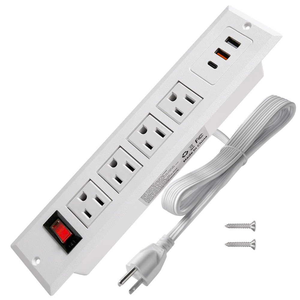 20W Mountable Power Strip USB C Recessed Power Strip USB-C Fast Charge 4 Outlet 3 USB Multiple Protection Built in Conference Desk Counter Workbench for PC Home Electric Appliance White