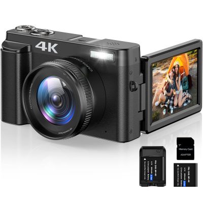 4K Digital Camera for Photography Autofocus 16X Digital Zoom, 48MP Vlogging Camera with 32GB SD Card, 3'' 180 Flip Screen Compact Camera,2 Batteries