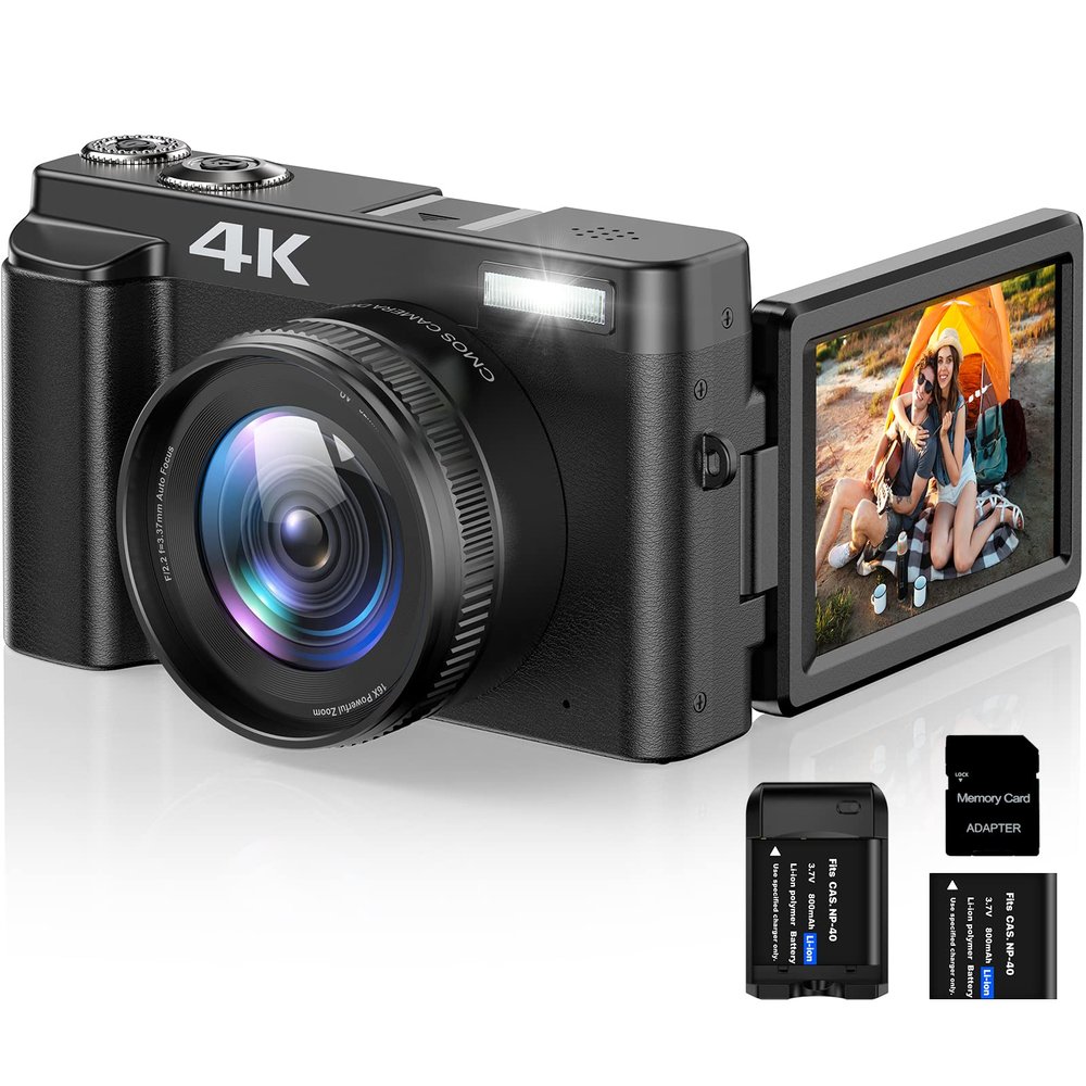 4K Digital Camera for Photography Autofocus 16X Digital Zoom, 48MP Vlogging Camera with 32GB SD Card, 3'' 180 Flip Screen Compact Camera,2 Batteries