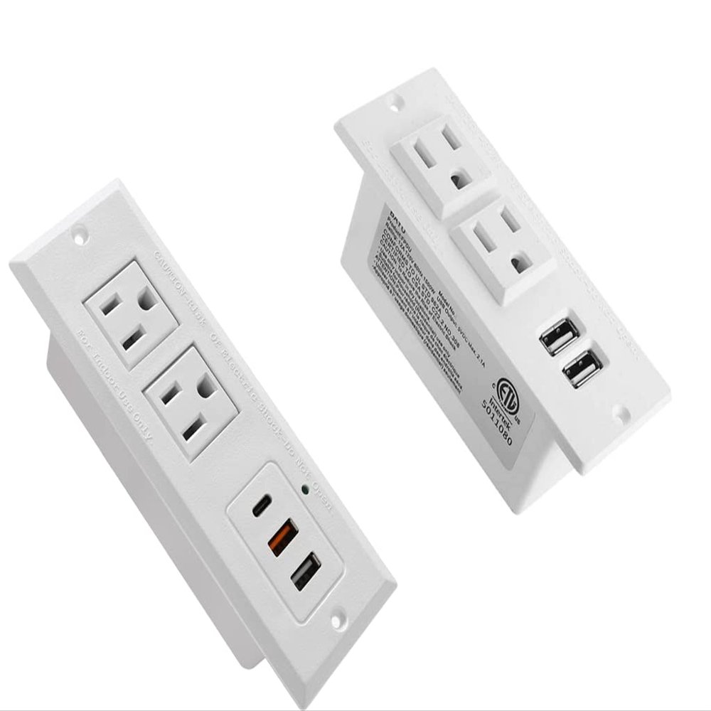 20W Recessed Power Strip USB C Fast Charge Desktop Power Strip with 2 Outlets 2 USB
