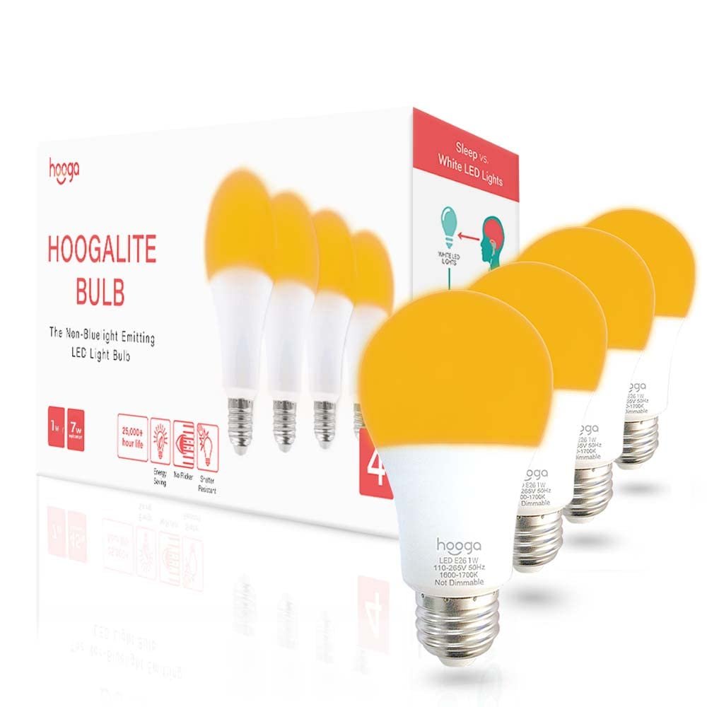 hooga Sleep Light Bulb, Amber Light Bulbs for Sleep Therapy, Blue Light Blocking, 1600K Dim Light Bulbs 7W Equivalent, Mood Soothing Light, E26 A19 Warm Light Bulbs for Bedroom, Nursery, 4 Pack.