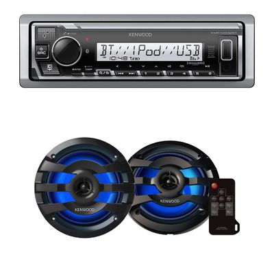KENWOOD KMR-M332BT Car & Marine Stereo | Plus 1x KENWOOD KFC-1673MRBL 6.75" 2-Way Marine Speaker(Black) with RGB Lighting, Remote Control Included, 260 Max Power Pair