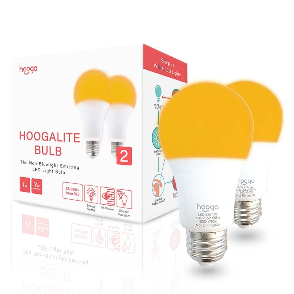 hooga Sleep Light Bulb, Amber Light Bulbs for Sleep Therapy, Blue Light Blocking, 1600K Dim Light Bulbs 7W Equivalent, Mood Soothing Light, E26 A19 Warm Light Bulbs for Bedroom, Nursery, 2 Pack.