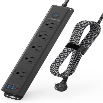 Surge Protector Power Strip with USB C Ports, 10FT Braided Extension Cord, 5 Outlets and 3 USB Ports(1 USB C), AUOPLUS Mountable Power Strips Flat Plug with Overload Protection