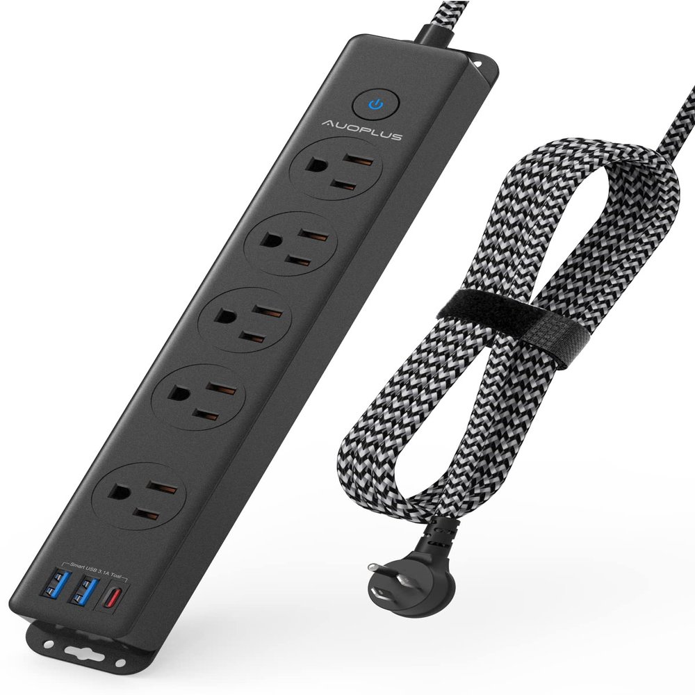 Surge Protector Power Strip with USB C Ports, 10FT Braided Extension Cord, 5 Outlets and 3 USB Ports(1 USB C), AUOPLUS Mountable Power Strips Flat Plug with Overload Protection