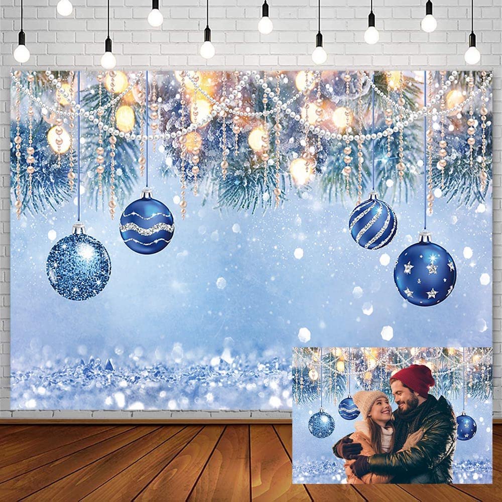 AIBIIN 8x6ft Winter Christmas Backdrop for Photography Blue Bell Glitter Bokeh Snowflake Snow White Pearl Photography Background Holiday Kid Family Portrait Xmas Tree Banner Photo Booth Studio Props
