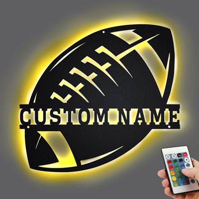 Amabery Personalized Wooden LED Wall Hanging Football Sign Night Light Custom Name Rugby Lamp with 16 Changing Colors, Deal for Kids and Adults Room Living Home Decoration (American Football)
