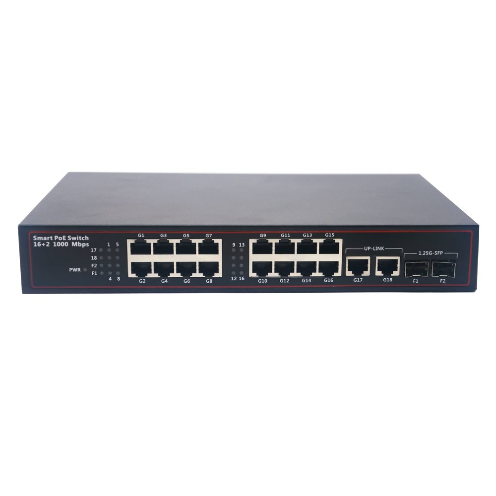 16 Port PoE Gigabit Switch with Up-Link and SFP, 200W, IEEE 802.3 af/at for IP Camera Wireless AP CCTV Security Camera System ,Desktop or Wall Mount