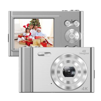 Andoer 4K Digital Camera, 48 MP 2.4 Inch Compact Camera Auto Focus, 16X Digital Zoom, Rechargeable Small Camera with 32 GB Memory Card Students, Teenagers, Children, Silver