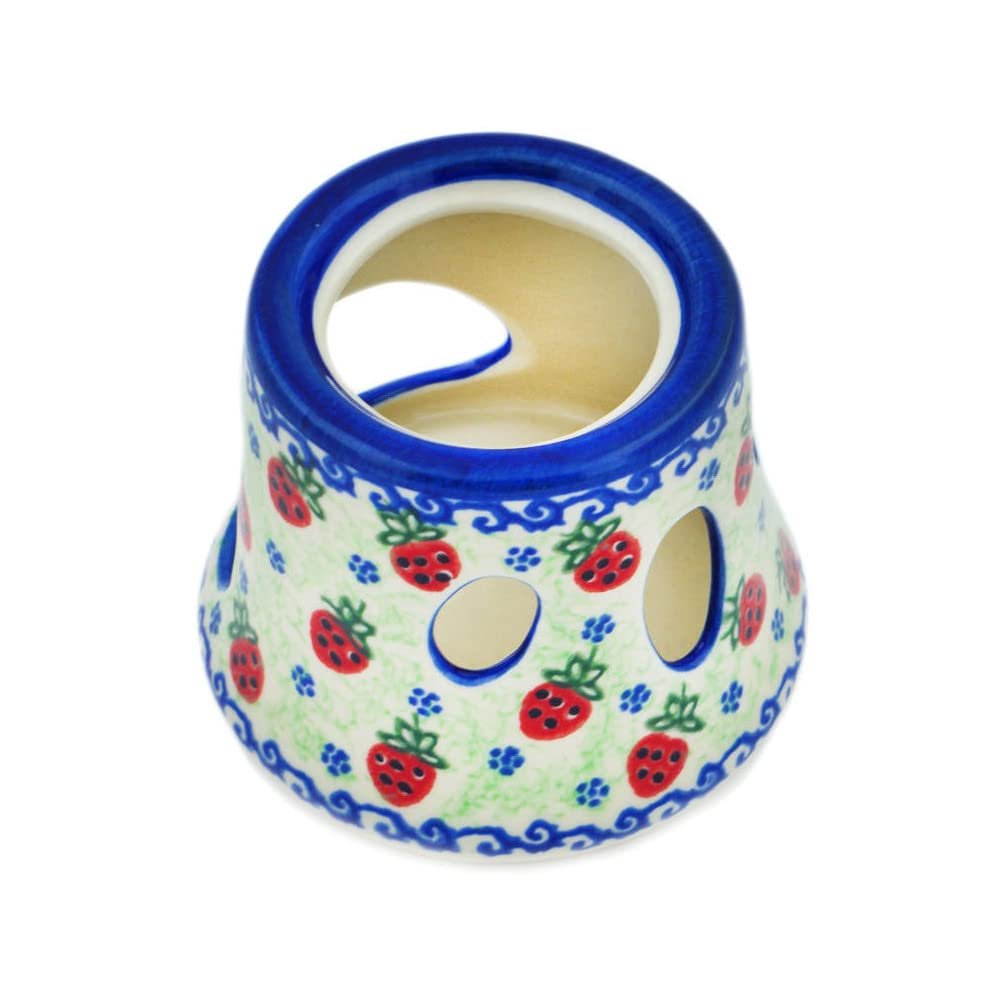 Polmedia Polish Pottery Heater UNIKAT - Strawberries and Cream Pattern Handmade in Boleslawiec Poland + Certificate of Authenticity