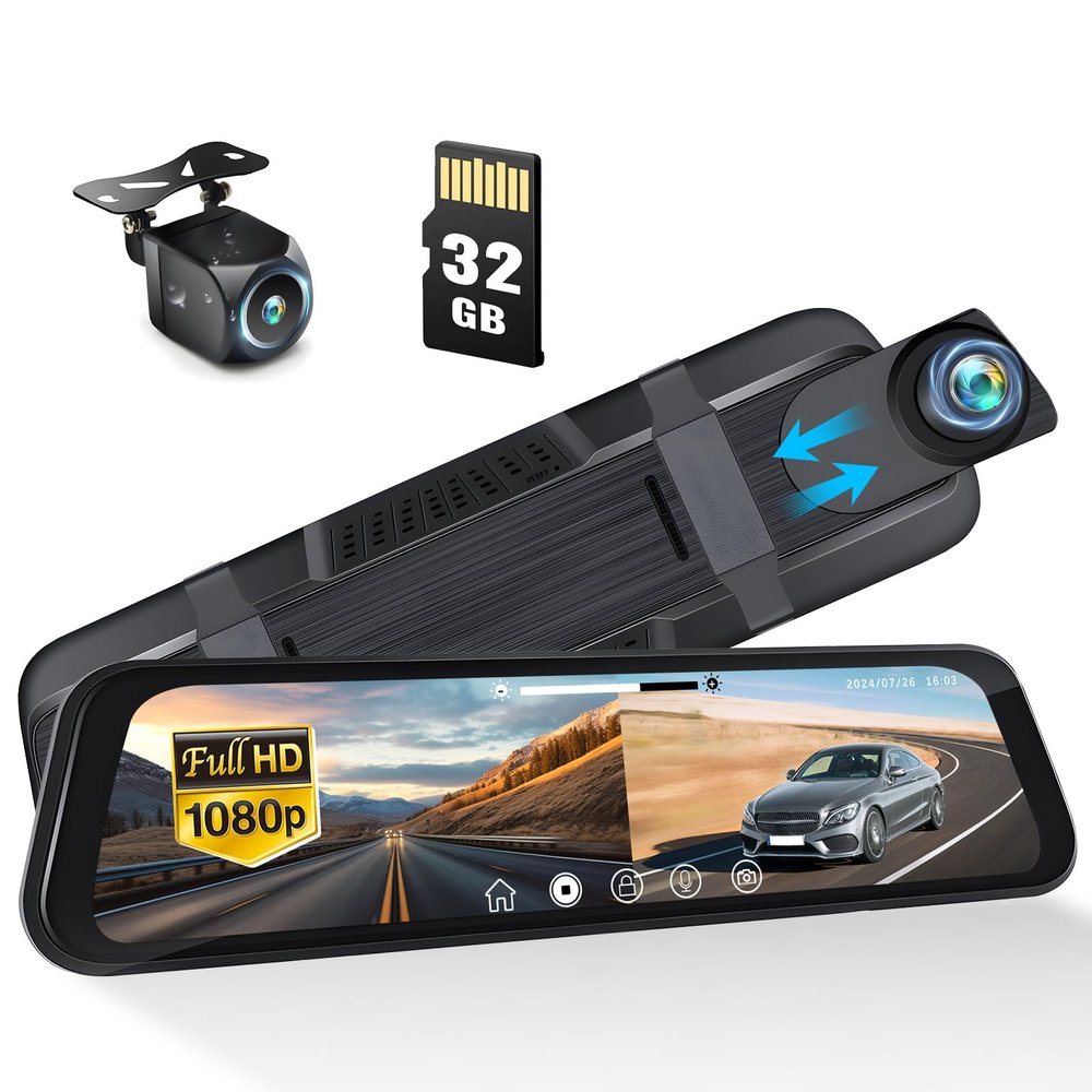 9.66" Mirror Dash Cam 1080P Front and Rear View Dual Cameras with Night Vision,Full Touch Screen,Wide Angle,G-Sensor,Loop Recording,24H Parking Monitor,HD Waterproof Backup Camera,Free 32GB Card