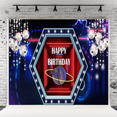 10x10ft Game Theme Happy Birthday Photography Background Background of Flashing Balloon Diamond Lightning Planet Tunnel Happy Birthday Backdrops for Baby Show
