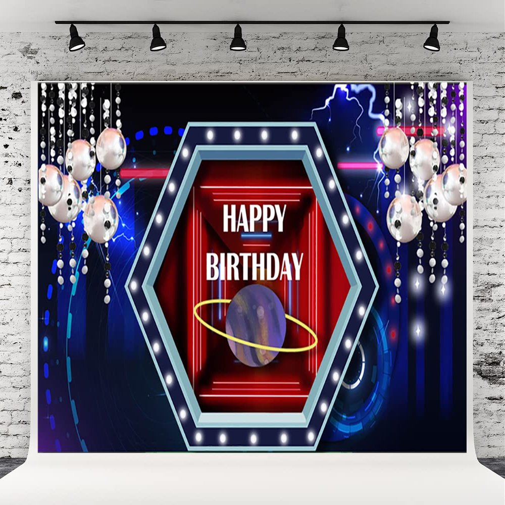 10x10ft Game Theme Happy Birthday Photography Background Background of Flashing Balloon Diamond Lightning Planet Tunnel Happy Birthday Backdrops for Baby Show