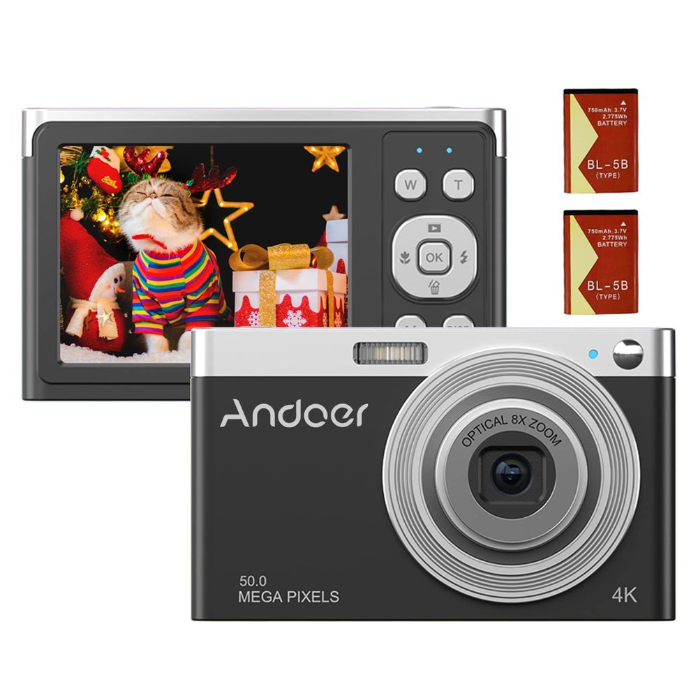 Andoer Portable 4K Digital Camera Video Camcorder 50MP 2.88 Inch IPS Screen Auto Focus 16X Zoom(8X Optical & 8X Digital) Anti-Shake Face Detect Built-in Flash with 2pcs Batteries