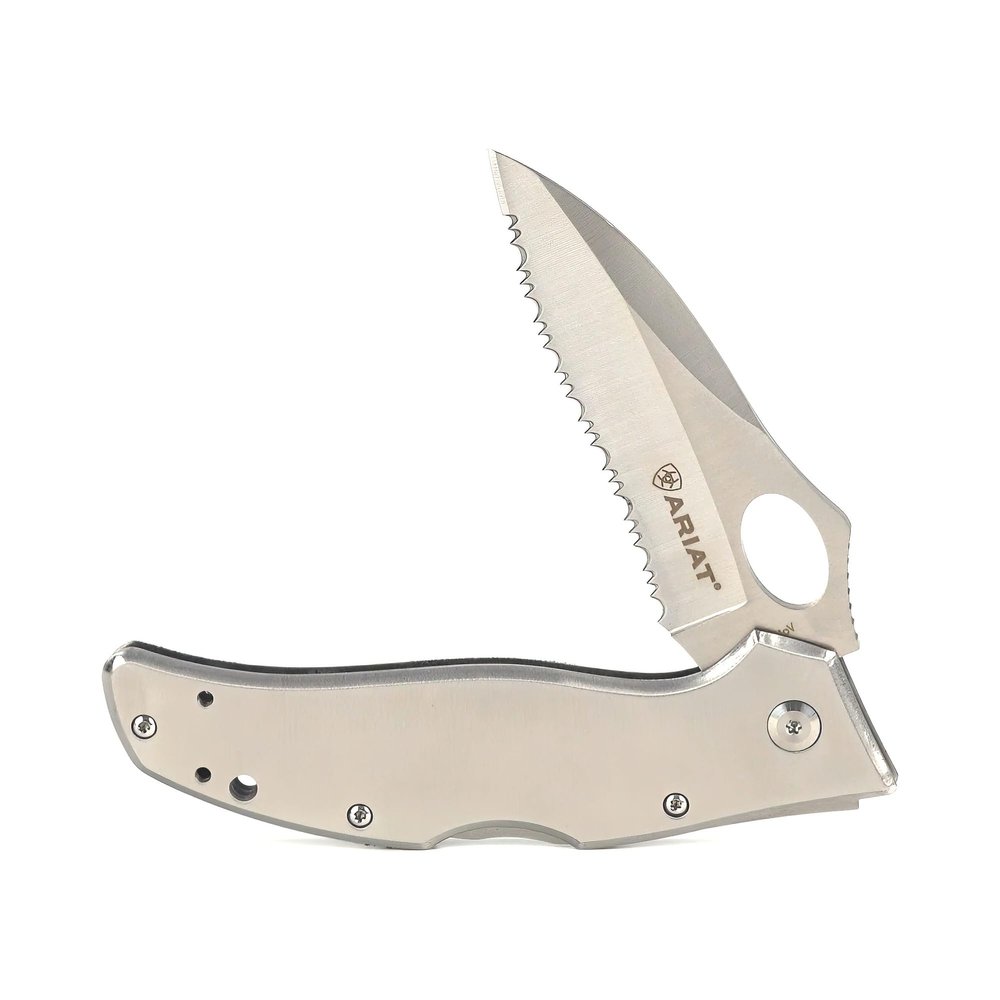 ARIAT Engraved Shield Text Logo Serrated Blade Folding Knife, Silver, 3.5" Blade (Large)