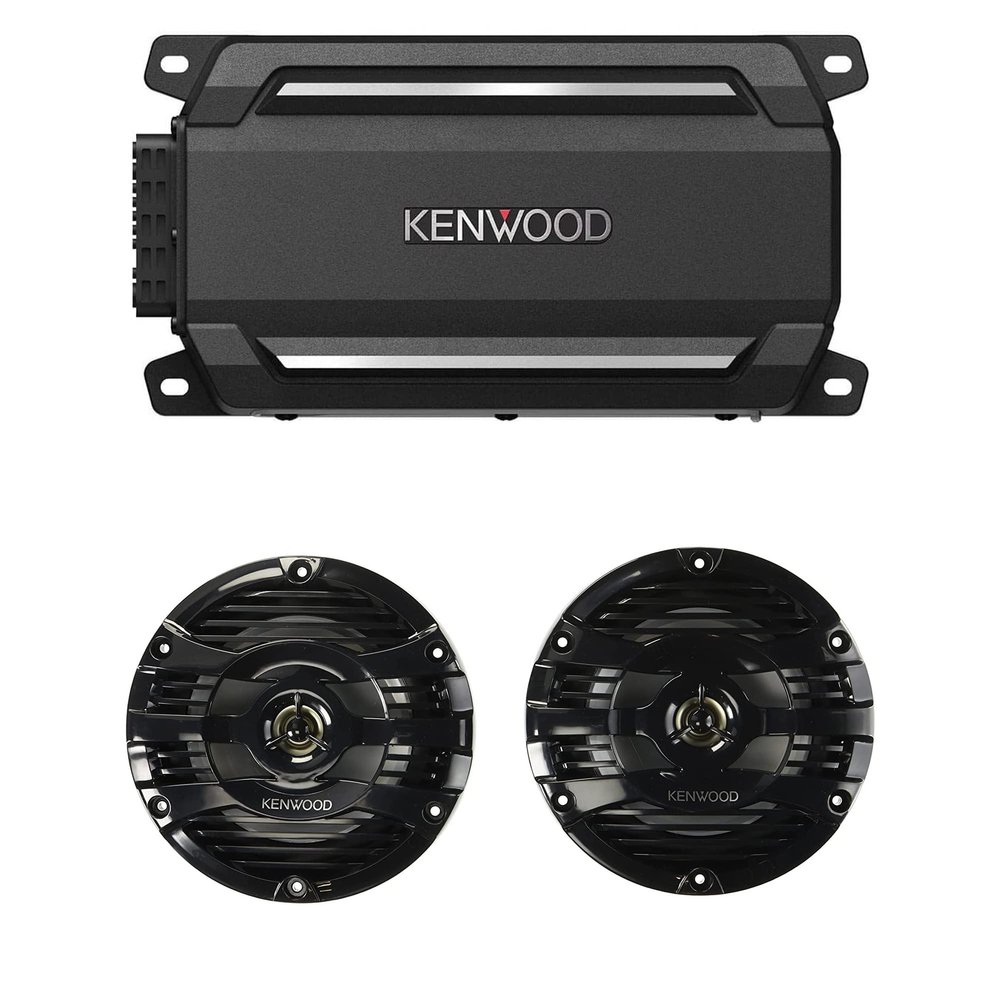 KENWOOD KAC-M5024BT Compact 4-Channel 600 Watt Car Amplifier with Bluetooth Streaming for Marine, ATV and Powersport Applications | Plus Kenwood KFC-1653MRB 6.5" Black Marine 2 Way Speakers 150 Watts