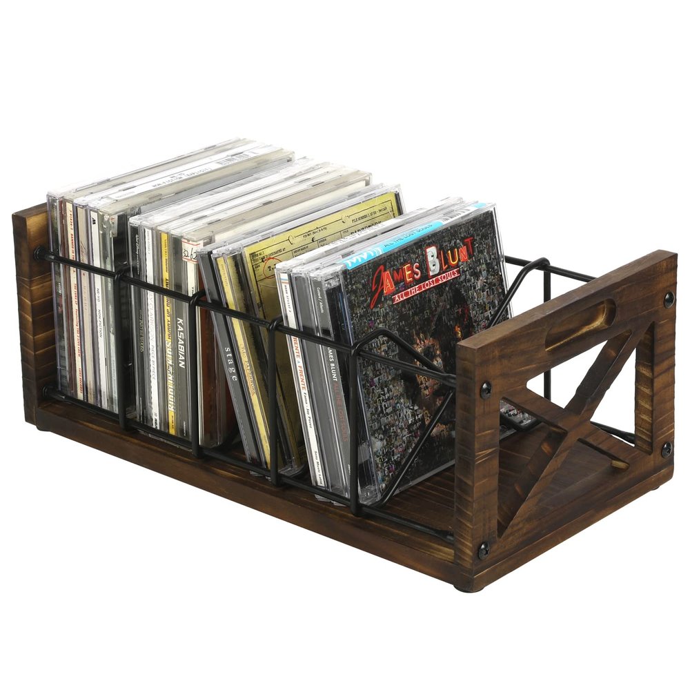 FARM IN CD Storage Holder, 5-Slot Farmhouse Industrial CD & DVD Storage Rack with Handles, Barn Door X-Cross Design, Rustic Solid Burnt Wood and Black Metal Wire