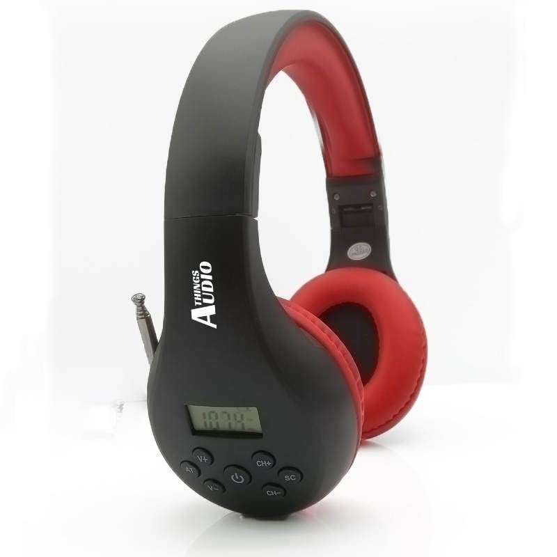 THINGS AUDIO Portable Personal FM Radio Headphones Pull-Out Antenna for Great Reception, Walking, Jogging, Relaxing, School, Talk Radio - Powered by 2AA Batteries (Not Included) (Black & Red)