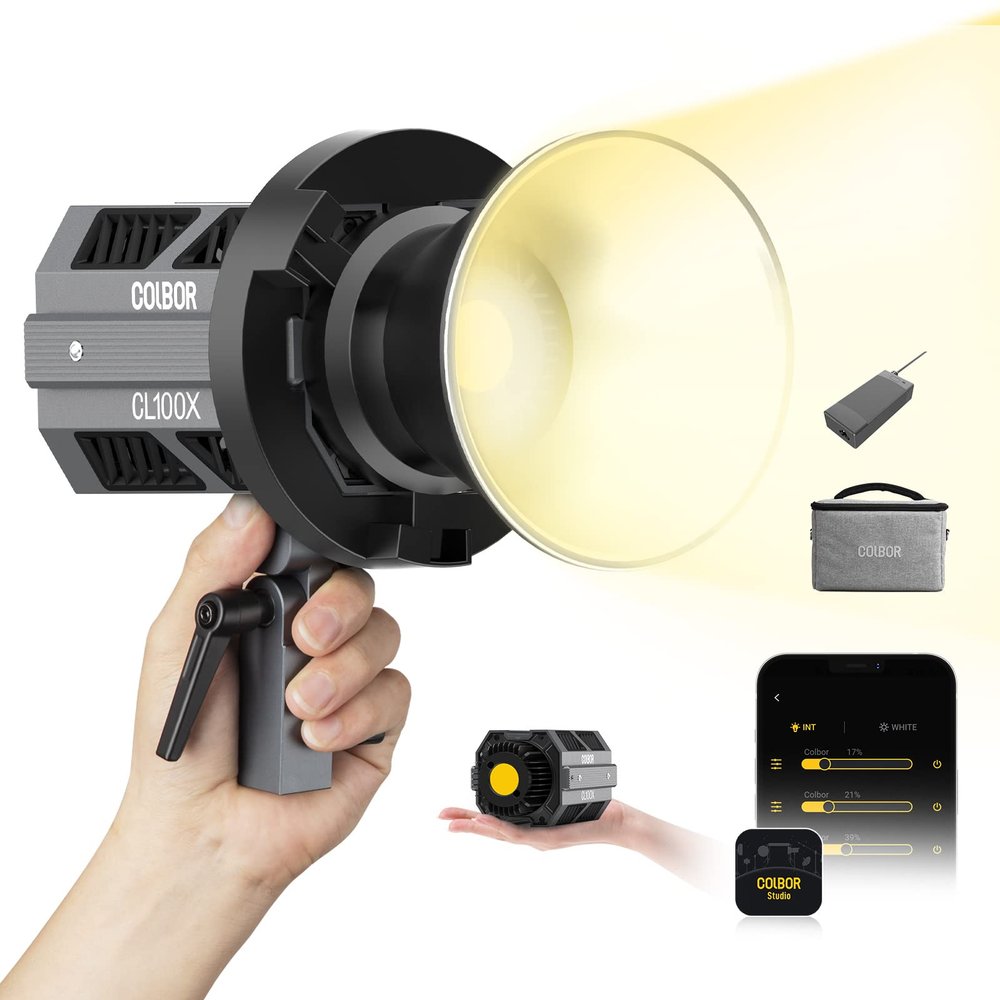 Video Light, Colbor CL100X 110W Bi-Colour Video Light 2700K-6500K CRI97+ COB Continuous Aluminium with Bowens Mount APP Control 10 Light Effect for Photography, Daylight LED Video Light Photo Studio