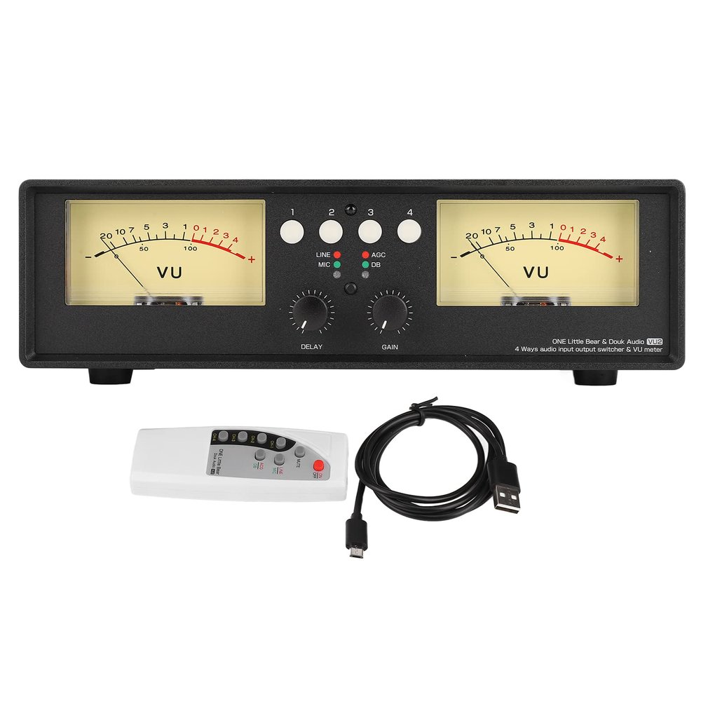 4 Way Stereo Audio Switch Box with VU Meter and Remote Control for Home Audio Systems(Yellow Backlight)